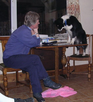 Alison og Kia studerer et hunde-magazin sammen.